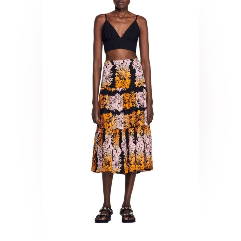 Sandro Floral Midi Skirt NWT Flowy Bohemian Luxury Size EU 40 US M/8Cotton Blend - Picture 2 of 9